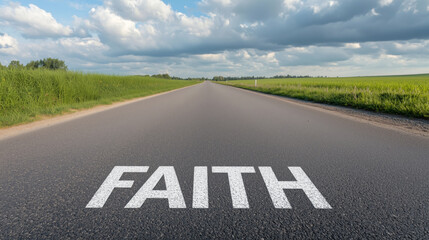 Open road with 'faith' written on asphalt under cloudy skies