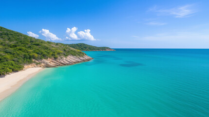 Fototapeta premium Pristine secluded beach with turquoise waters and lush greenery under a clear blue sky