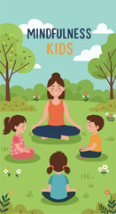 Fototapeta premium Kids meditating together with teacher in the garden. Colorful illustration vector
