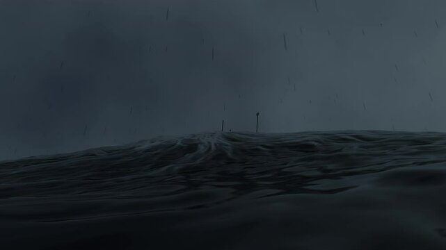 A ship floating dangerously alone in a stormy sea.