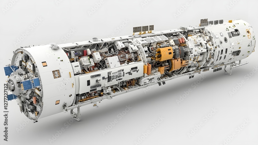 Poster Detailed cross section showcasing the intricate internal communication systems  engineering components  and machinery within a satellite