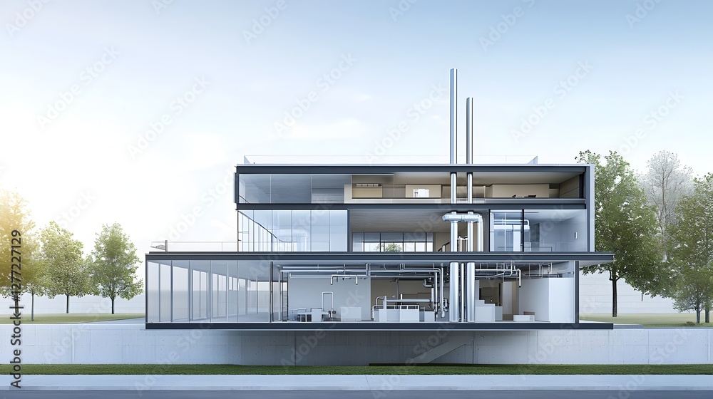 Poster detailed cross section showcasing the intricate pipework and modern architectural design of a techno