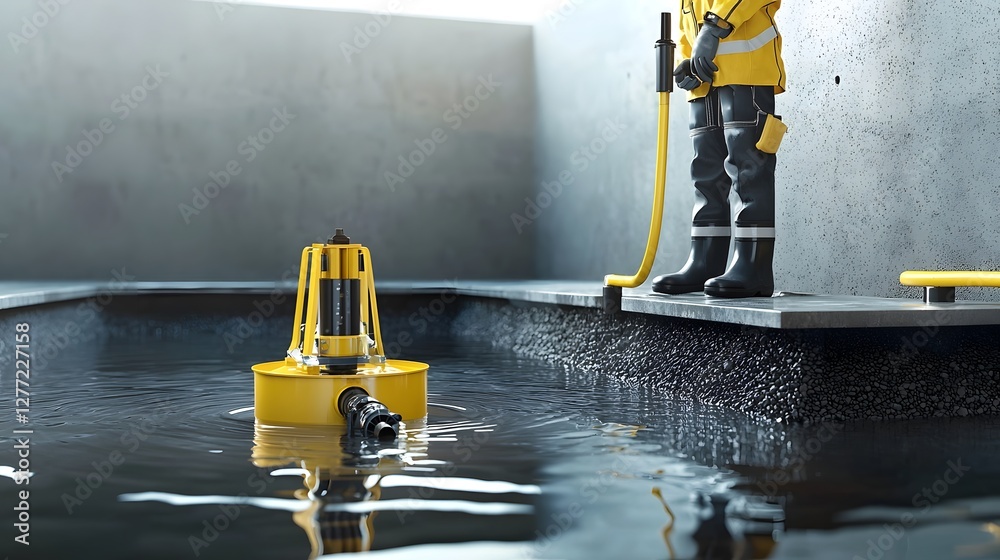 Poster detailed cross section view of a basement sump pump system designed to prevent water accumulation an