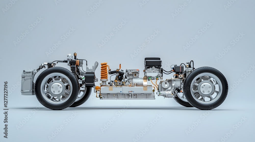 Poster detailed cross section view of a hybrid powertrain showcasing both electric and gasoline engine comp