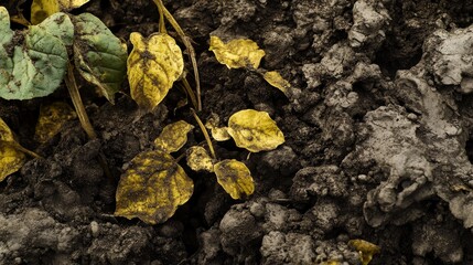 Toxic fertilizer degrading agricultural soil. Featuring stunted crops and yellowing leaves