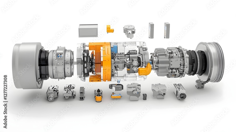 Poster detailed cross section view of hybrid powertrain displaying electric and gasoline components in 3d r