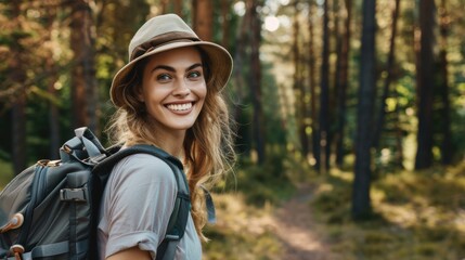 Female traveler exploring nature with a backpack, enjoying a park adventure among trees. Smiling tourist wearing a hiking hat and fitness gear in a rural area for a camping journey