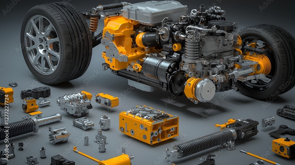 Poster Detailed Exploded View of a Car s Drivetrain and Mechanical Components Showing the Internal Structure and Engineering Design in Cutaway Diagram