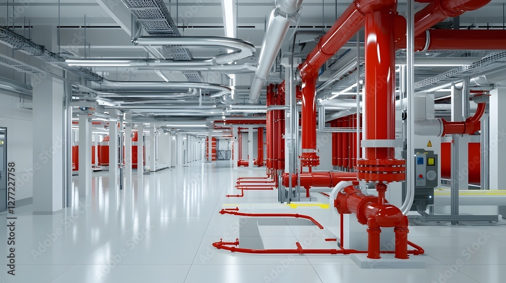Poster detailed exploded view of a commercial fire suppression system featuring a network of pressurized wa