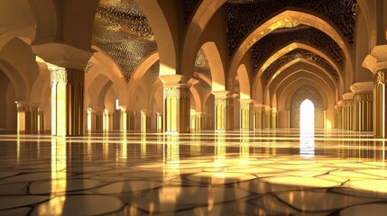Obraz premium Elegant Interior of Grand Hall with Arches and Golden Lighting