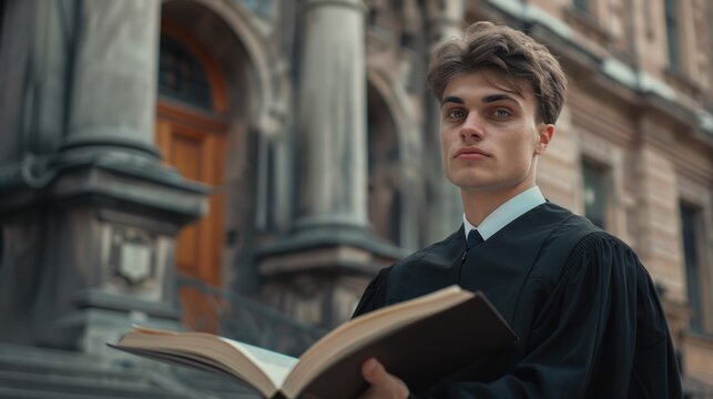 Legal professional reviewing documents on the street in preparation for a court case or trial. Study and information with a young attorney readying for a judgment or verdict