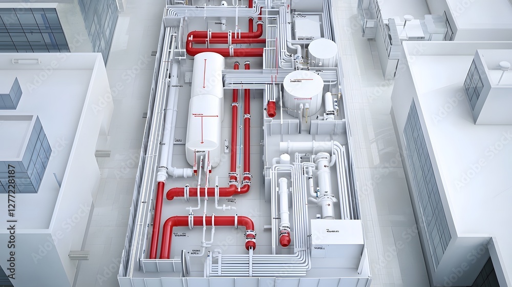 Poster detailed isometric showcasing the complex plumbing infrastructure within a contemporary building wit