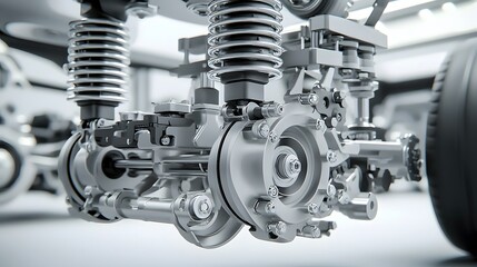 Fototapeta premium Detailed Rendering of a Vehicle s Sophisticated Suspension and Axle System Showcasing the Complex Mechanical Engineering and Innovative Automotive Technology