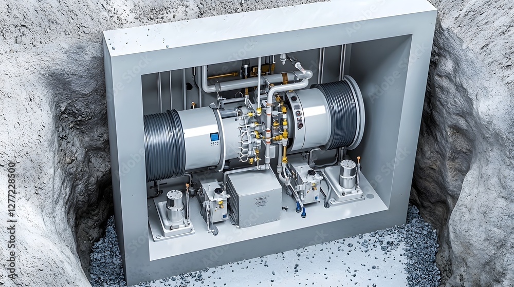 Poster Detailed showcasing the intricate geothermal pipeline system designed for efficient heating and cooling of industrial facilities and buildings