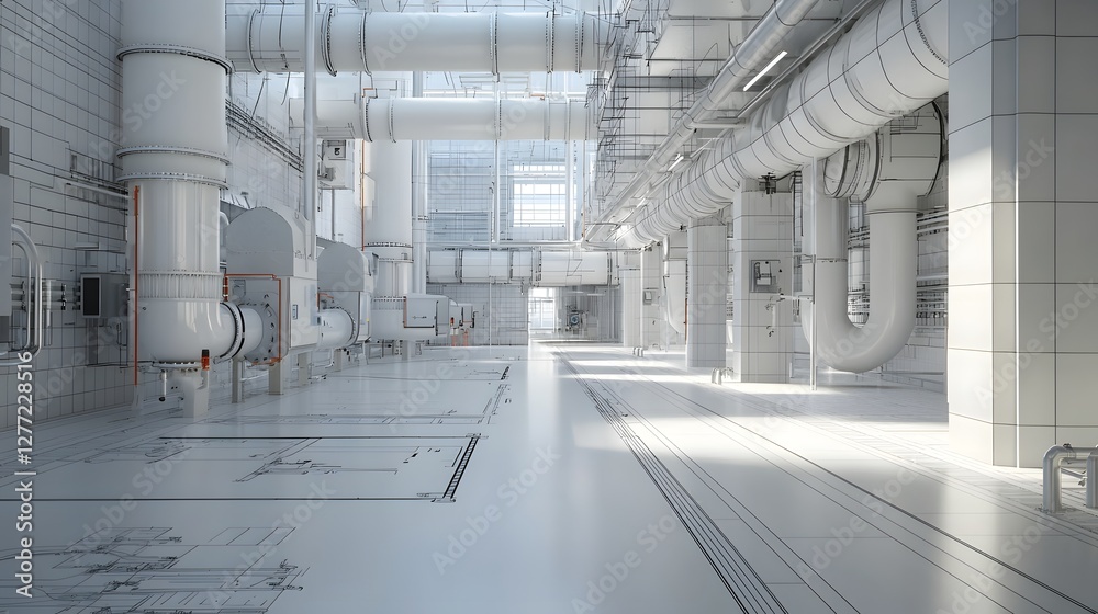 Poster detailed technical blueprint diagram of an intricate industrial water and steam pipeline system infr