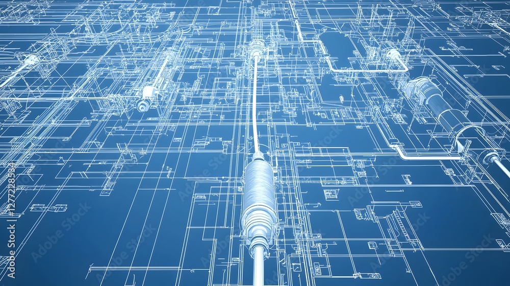 Poster detailed technical blueprint of a fire sprinkler system showing the emergency water flow pathways an