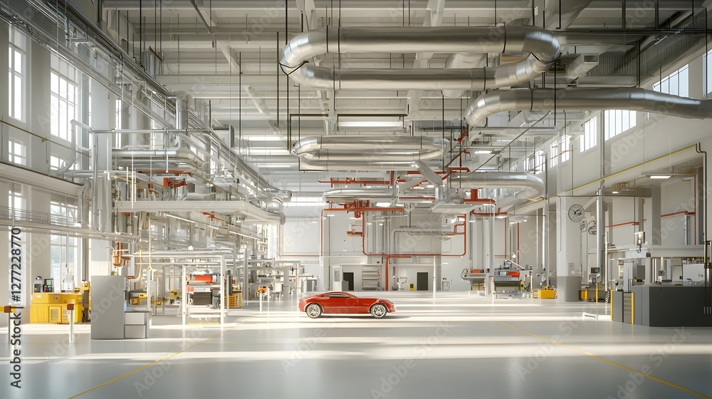 Poster detailed technical showcasing a complex hvac ductwork and piping system installed in a large manufac