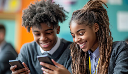 Two students in school uniforms, using smartphones in a colorful classroom, showcase the blend of technology and education.