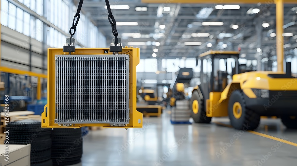 Poster detailed view of a heavy machinery radiator cooling system in an industrial factory workshop setting