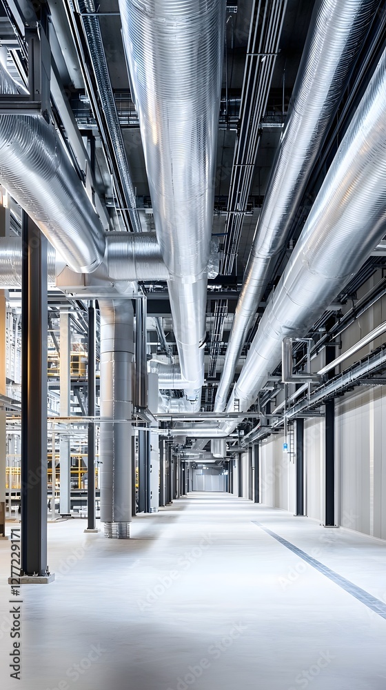 Poster detailed view of a large scale hvac cooling system installed in the interior of a modern commercial 