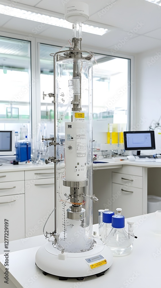 Poster Detailed view of a liquid nitrogen cooling system used in a scientific research laboratory setting for various experiments and analysis processes