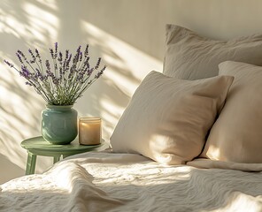 A bed with grey linen and beige pillows, a small green side table with lavender flowers in a vase and a candle next to it, 