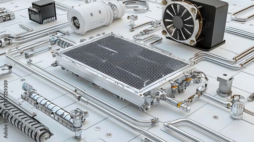 Poster detailed view of an automotive radiator system showcasing the intricate network of coolant pipes fan