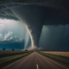 A powerful tornado descends from dark clouds, swirling with intensity amidst a tranquil rural field. The setting sun casts a warm glow, enhancing the dramatic atmosphere. Generative AI