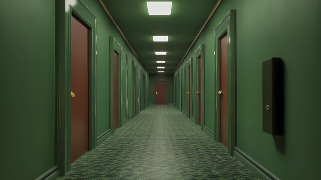 Surreal 3d render: trapped in a nightmarish backrooms maze. Surrealist Endless Corridor. Illustration