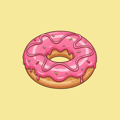 Cartoon Donut with Pink Frosting and Sprinkles on a Yellow Background