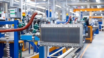 Detailed view of the complex radiator and cooling system components of heavy industrial machinery operating within a modern manufacturing factory environment