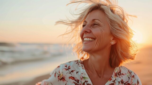 Natural portrait of a joyful elderly woman by the shore at sunset. Emphasizes lifestyle theme