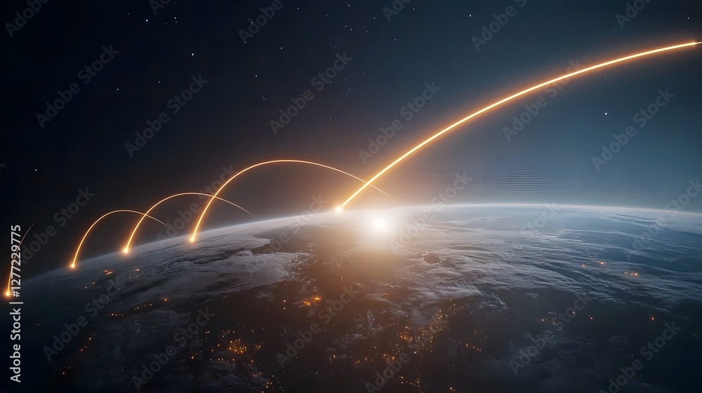 Poster digital of glowing curving satellite orbit paths tracing across the atmosphere of a beautifully illu