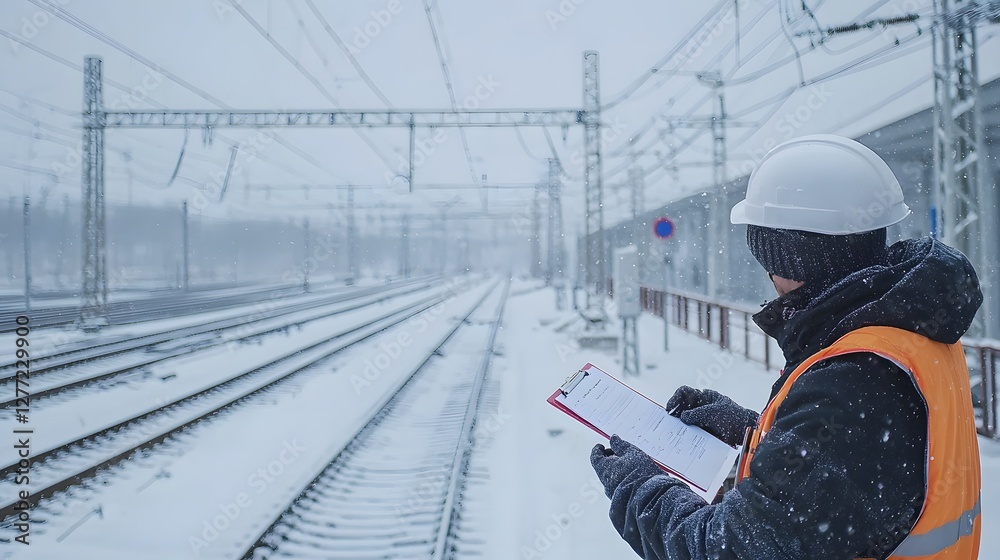 Poster electrical engineer wearing a safety helmet and inspecting high voltage power lines with a clipboard
