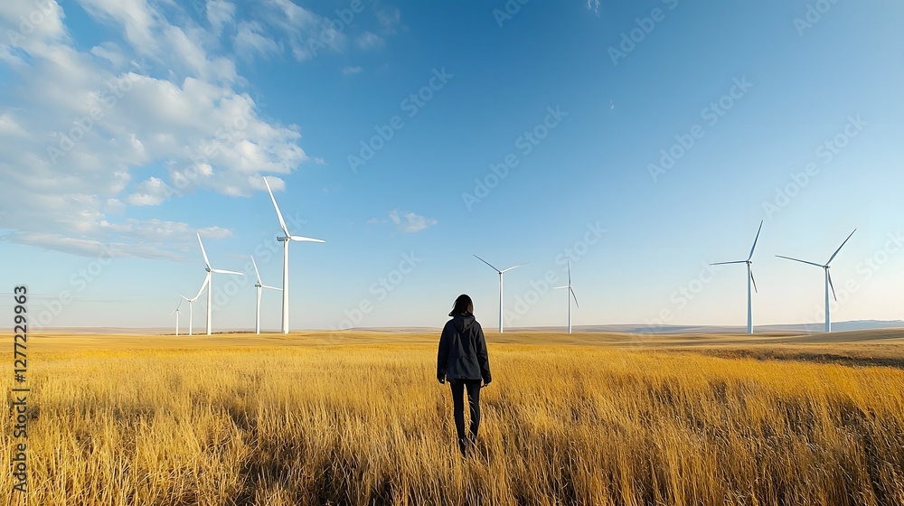 Poster Environmental engineer standing in a field surrounded by wind turbines exploring a renewable energy site and contemplating the potential of sustainable power