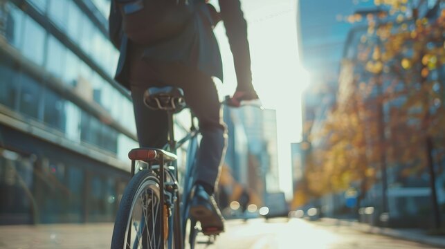 Business professional using eco-friendly transportation for commuting, featuring a bicycle and thoughts on sustainable travel