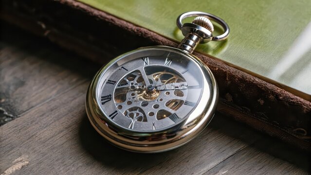Gold Pocket Watch with Skeleton Movement on Wooden Surface
