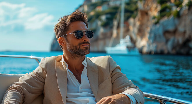 A fashionable man enjoys a moment of leisure on a luxury yacht amidst beautiful coastal scenery, with serene waters and majestic cliffs in the background, showcasing elegance 