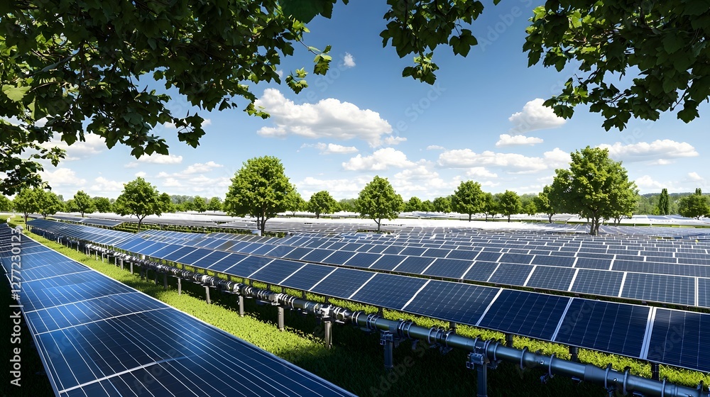 Poster expansive solar photovoltaic array installed in a lush natural landscape powering a renewable and ef