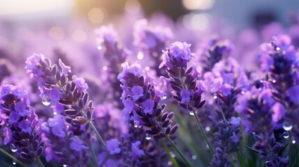 Obraz premium Enchanting lavender blooms glistening with morning dew in gentle light