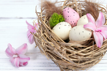 Easter decor on the white wooden table - nest with speckled pink and beige eggs, moss and feathers and sprinkled pink hyacinth flowers around.