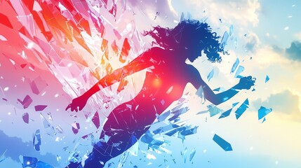 Obraz premium Digital art of a triumphant woman punching through a crystalline surface, shards forming a holographic aura around her, soft gradient sky, futuristic pop art style