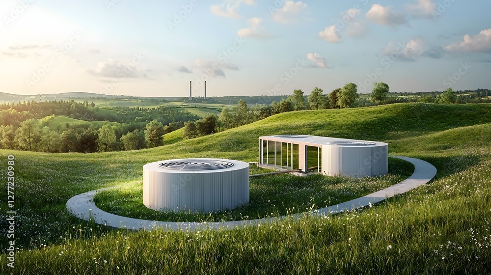 Poster futuristic and eco friendly geothermal cooling system integrated into a scenic landscape with rollin