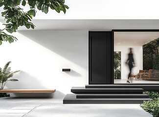 A black front door of a modern house with white walls, stairs, and a bench on the left side