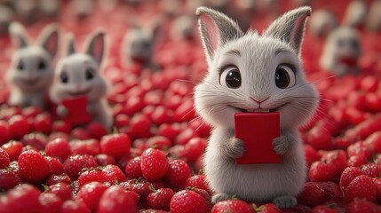 Cute cartoon rabbit holding a red gift in a field of strawberries.  Possible use Children's book illustration, greeting card, social media content