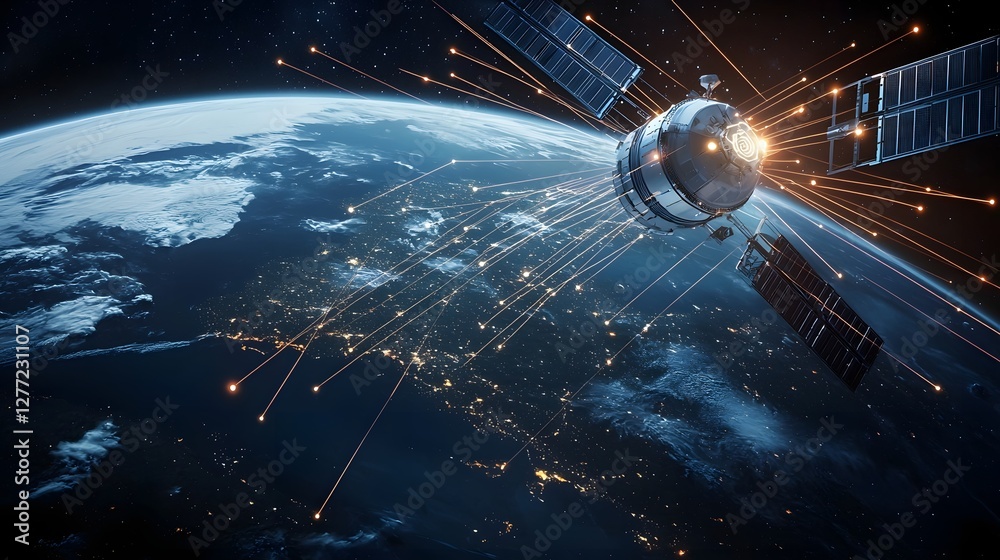 Leinwandbilder futuristic communication satellite orbiting earth with glowing data connections a photo depicting th