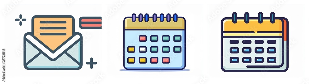 Poster Three icons showing communication and scheduling. First is a mail envelope with a letter, followed by two different style calendars for dates.
