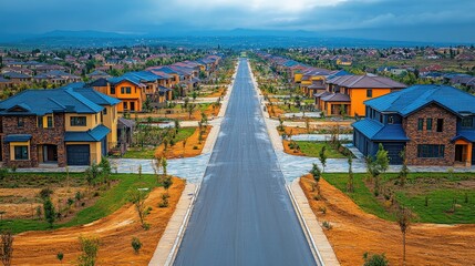 Aerial view of a newly developed residential neighborhood with empty streets and houses