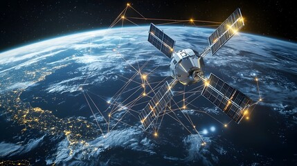 Naklejka premium Futuristic communication satellite orbiting Earth with glowing data connections showcasing the advanced technology and global connectivity in the modern digital age