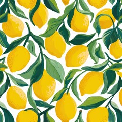 Bright and Cheerful Lemon Pattern with Green Leaves on White Background